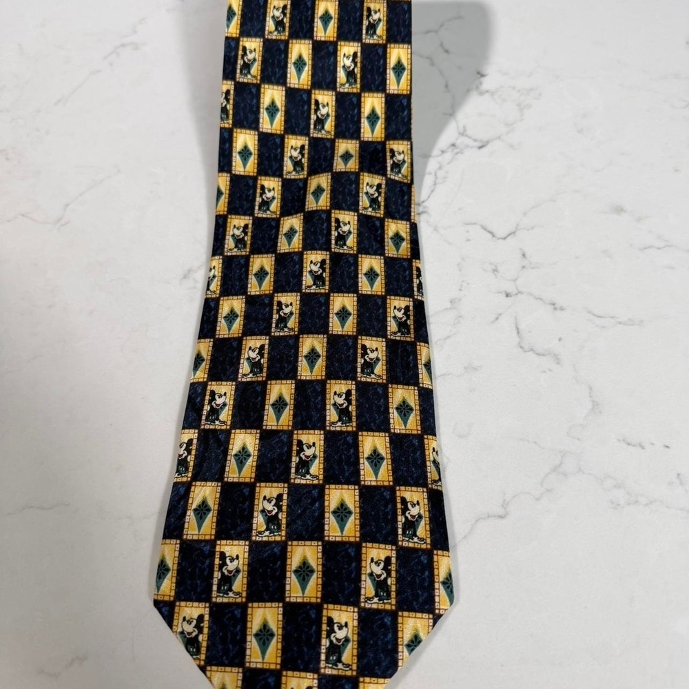Vintage Disney Store Mickey Mouse 100% Silk Necktie Navy Gold Checkerboard